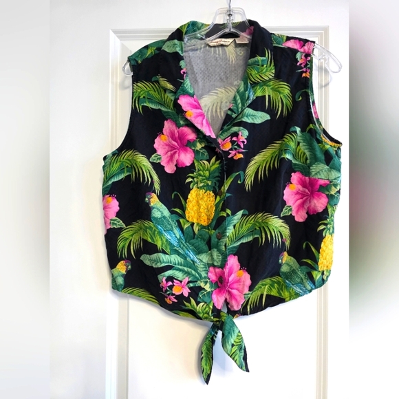 Tommy Bahama Black Floral Sleeveless Button Down Shirt Size 16 - Picture 1 of 5